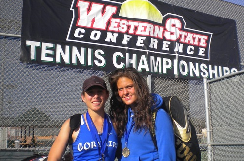 Santa Monica College's Mayra Jovich (left) won the WSC Singles Championship and also won the WSC Doubles Championship with partner Izabel Nazdracheva (right). Photo Courtesy of Santa Monica College Athletics