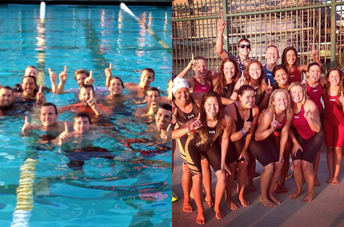The Ventura Men (left) and Bakersfield Women (right) celebrate their 2014 WSC Swim Titles. Photos Provided by Ventura and Bakersfield Colleges.