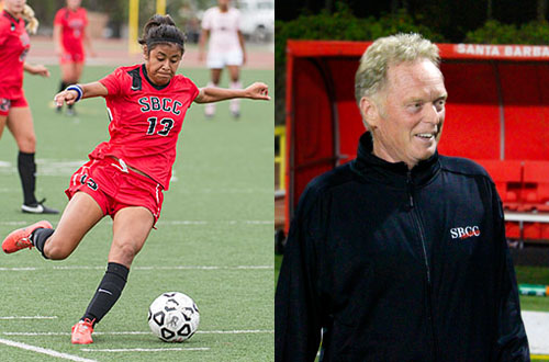 Santa Barbara City College Sophomore Sandra Grimaldo (left) and Head Coach John Sisterson (right) were named the WSC North Player and Coach of the Year. Photos Courtesy of SBCC Athletics