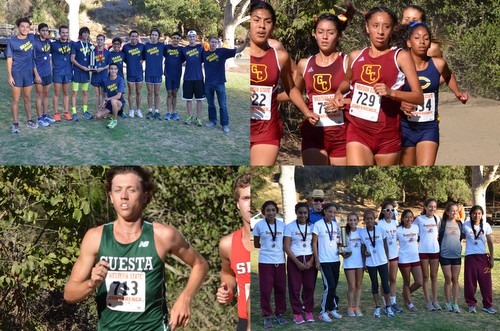 College of the Canyons Men (top left) won the team title as did Glendale College (bottom right) on the women's side. Individual it was Jasmine Macon (top right) of Glendale College and Connor Fisher (bottom left) of Cuesta College who won their respective races. Photos Courtesy of Ventura College Athletics.